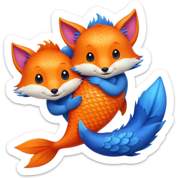 Make a pair of hugging or cuddling best friends: a bright orange fish and a vivid blue fox sticker