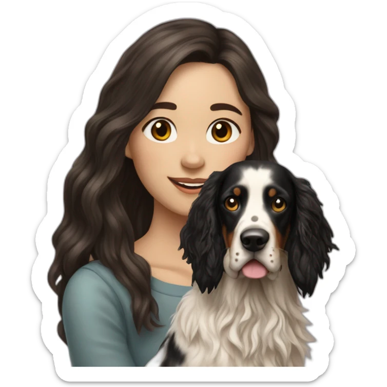 hyperrealist caucasian girl black long hair with brown english setter dog sticker