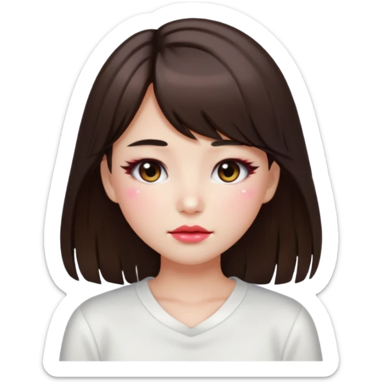 “japanese style Emoji brunette girl long hair with side bangs white top, dewy skin, heavy blush across cheeks and nose bridge, glossy cherry lips, soft eyeliner, teary sparkling eyes sticker