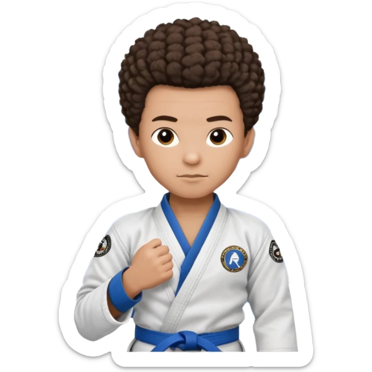 Mixed race boy BJJ instructor with pony tail afro hair and shaved bald sides haircut, Make the hair brown and the belt blue. Add the roger Gracie academy logo on the go also and the p logo of progress jiu jitsu on the right arm sleeve  at the top sticker