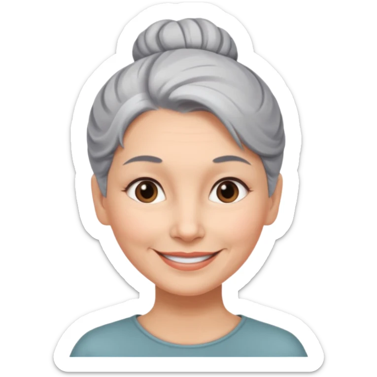 50 y.o. woman grey hair, subtle smile, hair in a bun  sticker