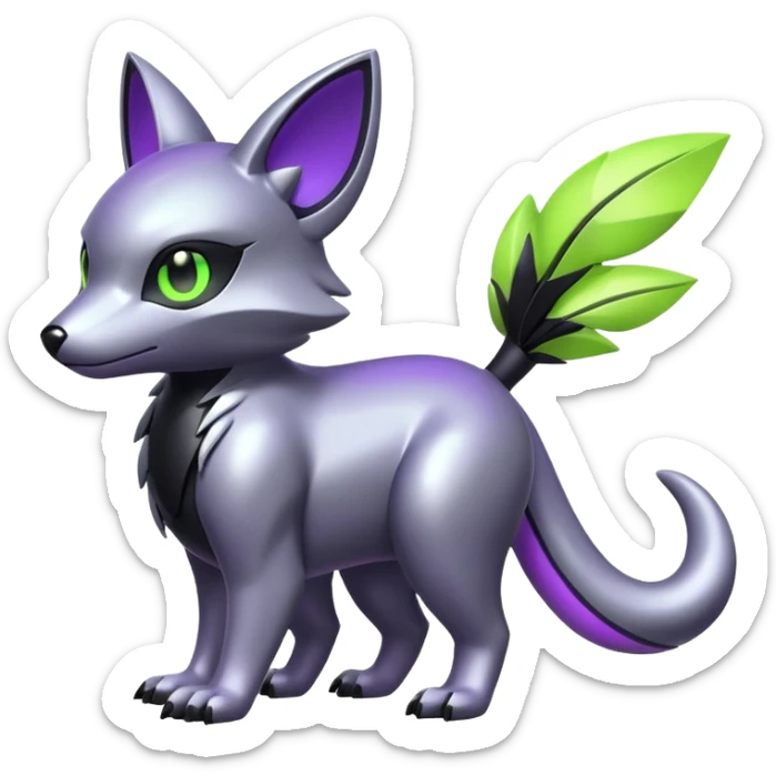 Futuristic cool shiny metallic alloy silver-grey-black-obsidian purple neon-green white lime animal hybrid Fakemon full body sticker