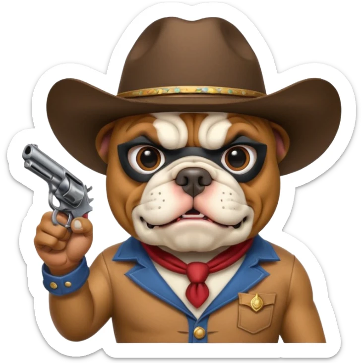 A bulldog wearing a cowboy hat, wearing a mask, pointing a revolver at you and telling you to hand over your money. sticker
