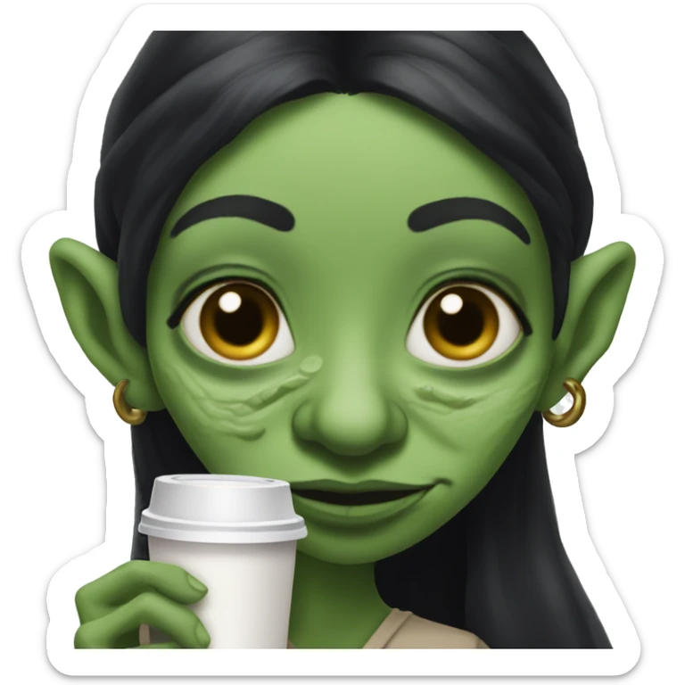 Ugly goblin woman with long black hair and a big nose holding Starbucks sticker