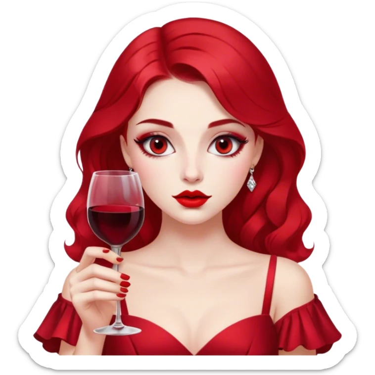 A girl with red makeup and an elegant dress, holding a glass of wine close to her lips, with her lips slightly parted, looking at you with half-lidded eyes. sticker