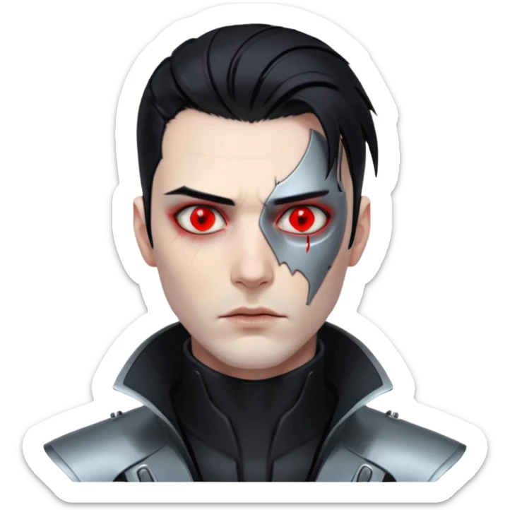 Cyberpunk man, slicked hair, silver metal jaw prosthetic, glowing red eyes, cold expression, clinical lighting sticker