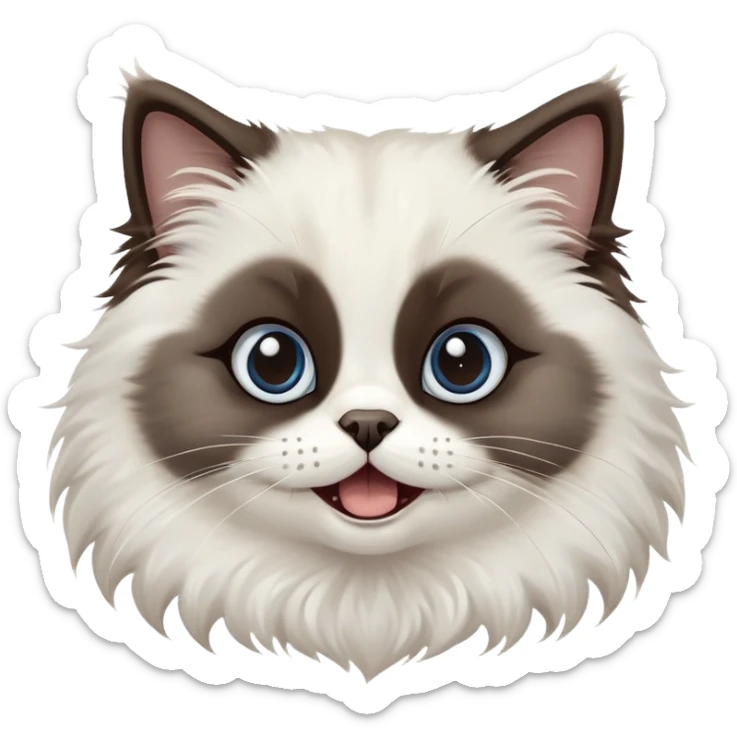 cinematic-adorable-big-eyed-fluffy-dark brown and white seal ragdoll-cat-portrait-emoji,-head-tilted-playfully-with-a-cute,-yawn,-soft-brown pointed seal-and white-colored-fur-with-darker-points-on-the-ears,-simplified-yet-irresistibly-cute-features, sparkling blue eyes sticker
