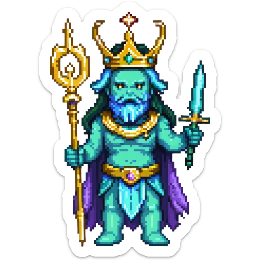 Neptune god of the sea wielding golden trident, blue-green skin, wearing crown sticker