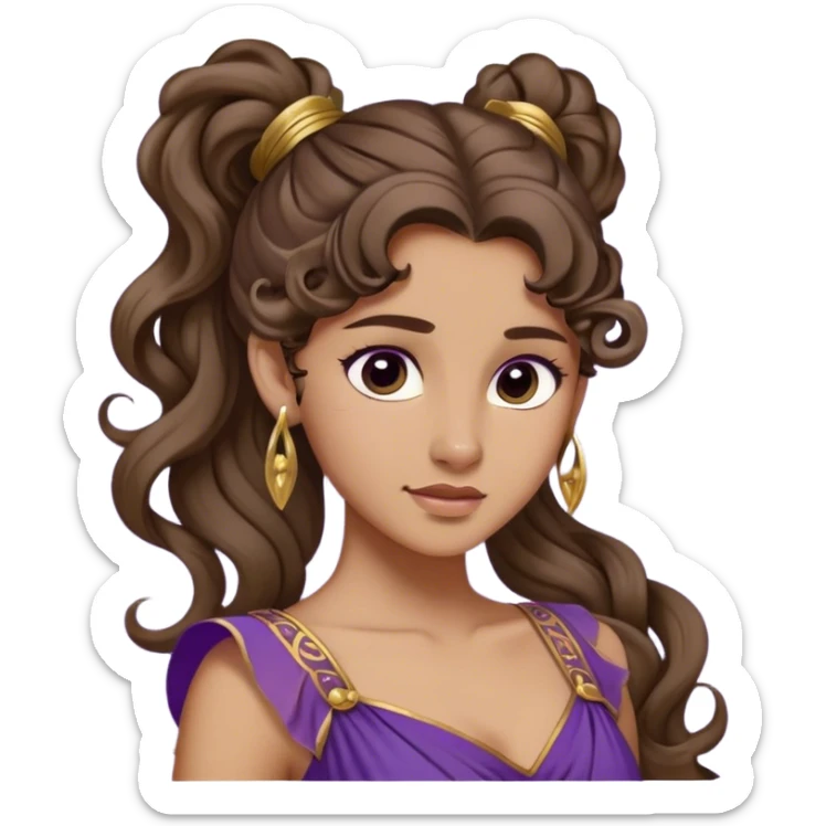 Young woman with long brown wavy hair in a high ponytail, with a signature curl on her forehead. She has a light olive skin tone and wears a flowing purple Grecian dress with gold details. Her expression is confident and playful, with a slight smirk. Inspired by classic Disney animation. sticker