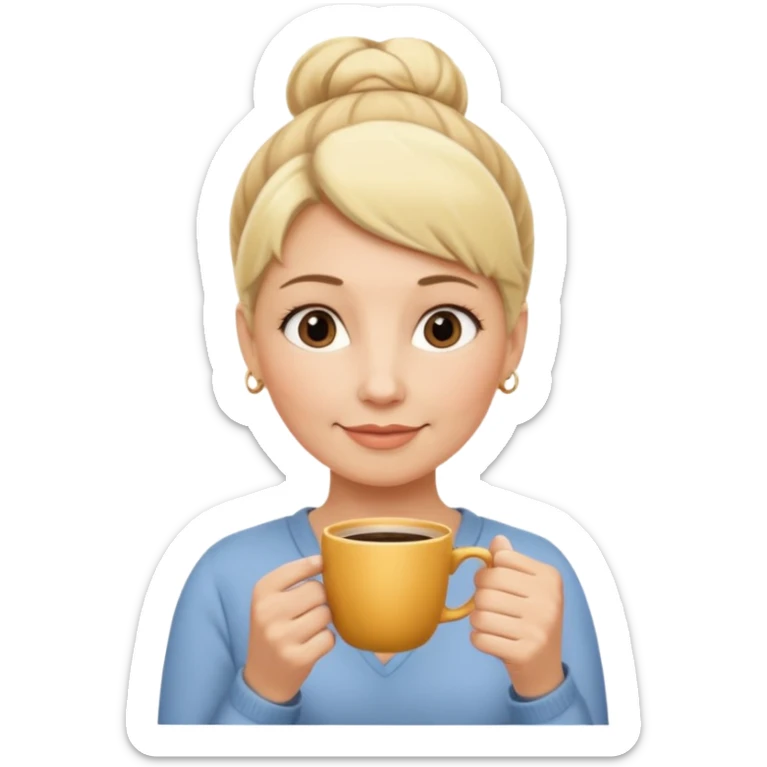Women with blonde hair bun top of her head Middle Aged with coffe in hand sticker