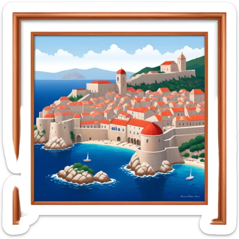 Dubrovnik – Cinematic Realistic Dubrovnik, depicted as a stunning coastal city with red-tiled roofs and ancient stone walls, set against the deep blue Adriatic Sea under warm Mediterranean light, rendered with rich textures that capture its enchanting beauty. sticker