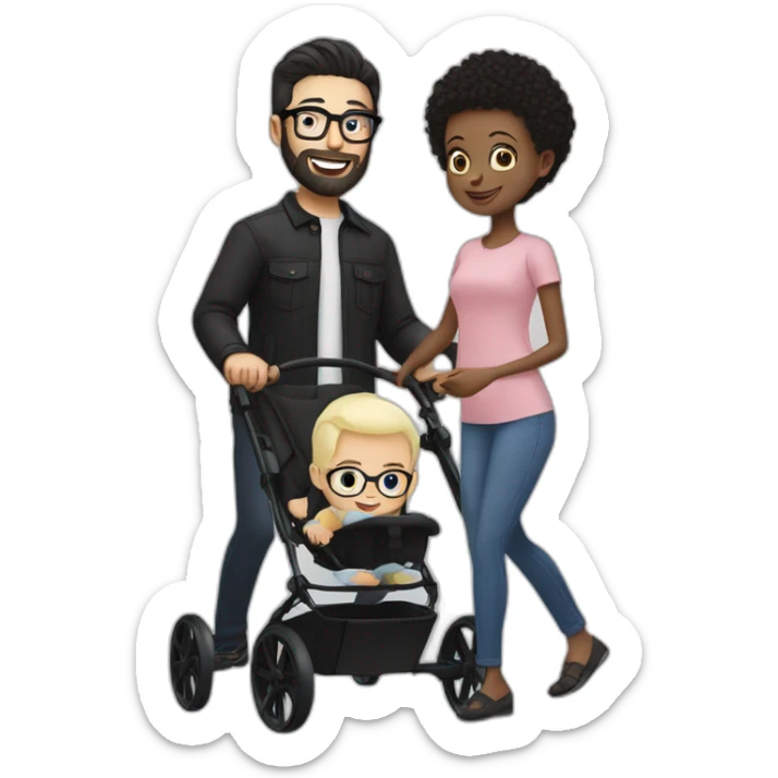White man with Black hair,  beard and glasses pushing buggy with blonde baby sticker