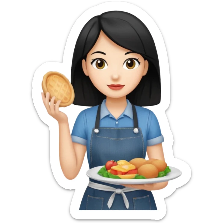 waitress with black hair and a food plate with a black tshirt and ª jeans apron sticker