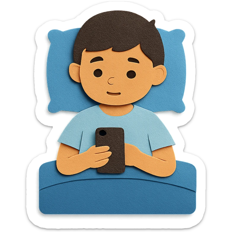 boy in a blue bed, on his phone, wearing a light blue t-shirt sticker
