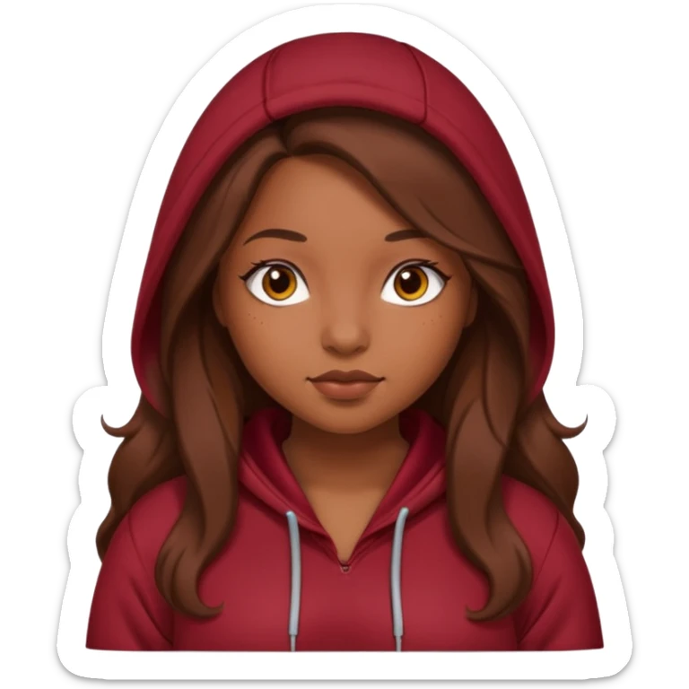 Curvy pretty brown girl with long brown hair, wearing a dark deep red hoodie sticker