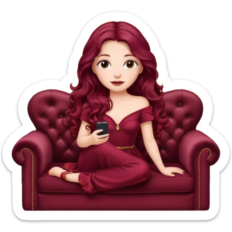 Beautiful Girl with long burgundy wavy hair sitting on Luxury style couch, watching tv sticker