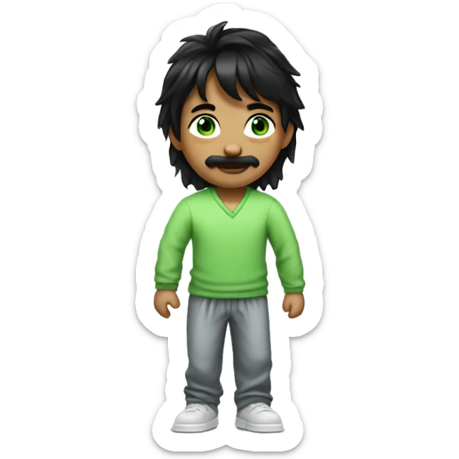 boy with black hair styled in a modern mullet, a mustache that is not curled at the ends, and green eyes, with a mischievous smile. He is wearing pajamas and farting. sticker