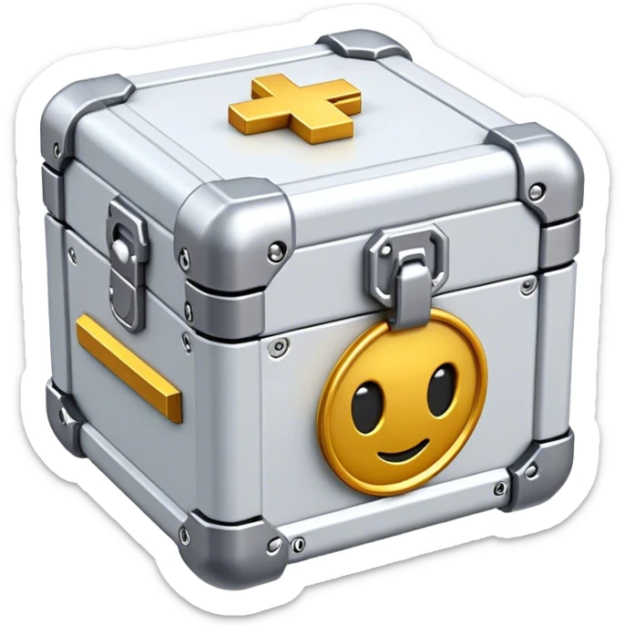 Clash of Clans aesthetic: Cinematic Playful Sci-fi Loot Crate Emoji, rendered in a 3D vector-style similar to standard emojis with minimal shading and bold, simplified shapes. A compact, futuristic storage box with sleek metallic panels and digital accents, softly glowing with a cosmic treasure charm. Simplified yet unmistakably iconic, highly detailed and consistent, glowing with a soft radiant shine and high gloss. Stylized with a touch of intergalactic mystery and a soft glowing outline, capturing the essence of a futuristic reward chest with a friendly, playful allure! sticker