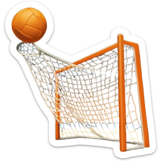 A handball thrown towards the goal, mid-air, with the goalposts and court lines in the background. The scene captures the power and precision of the throw, with the net of the goal in focus, emphasizing the dynamic action of the sport. sticker