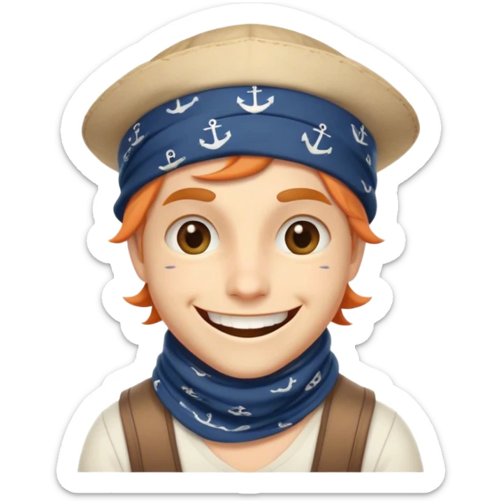 Clash of Clans aesthetic Playful Pirate Portrait Emoji, Head tilted with a roguish, cheeky grin and twinkling eyes, featuring a compact, spirited build with a jaunty hat and a quirky bandana, his natural skin tone evident, Simplified yet irresistibly charming features, highly detailed, glowing with a warm, inviting oceanic glow, high shine, spirited and lively, stylized with an air of whimsical maritime mischief, soft glowing outline, capturing the essence of a playful pirate exuding friendly rogue charm! sticker