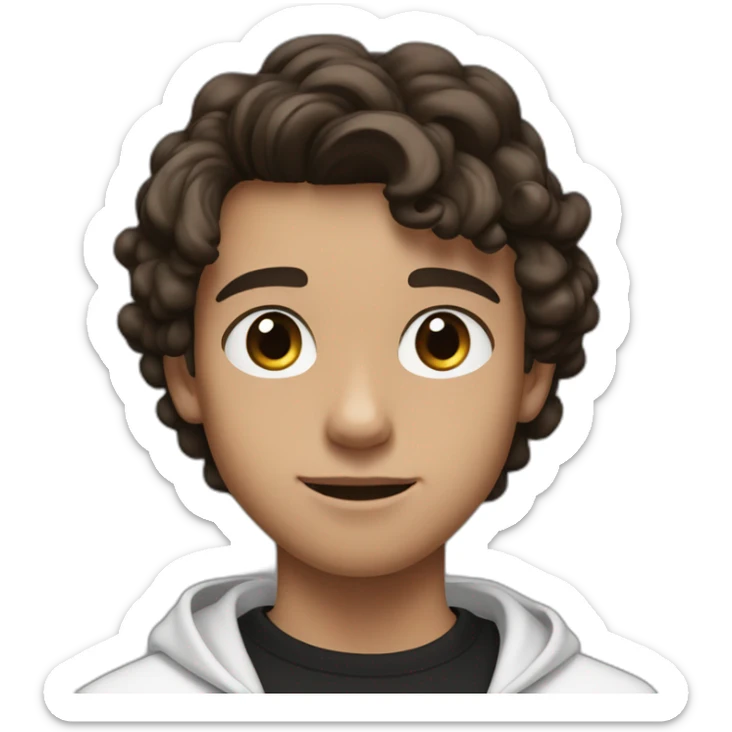 a teenager boy with big brown eyes and middle parted long coiled brown hair, wearing a black t-shirt with white airpods sticker
