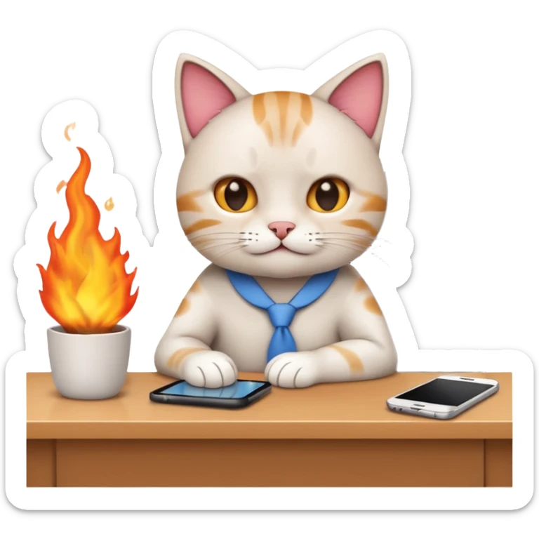 Apple-style emoji illustration of a cute cat character calmly sitting at an office desk, holding a smartphone and looking relaxed, while the office behind is subtly on fire. sticker