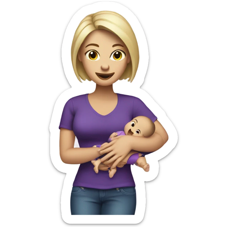 White Women in purple shirt rocking baby, but money stack instead of baby sticker