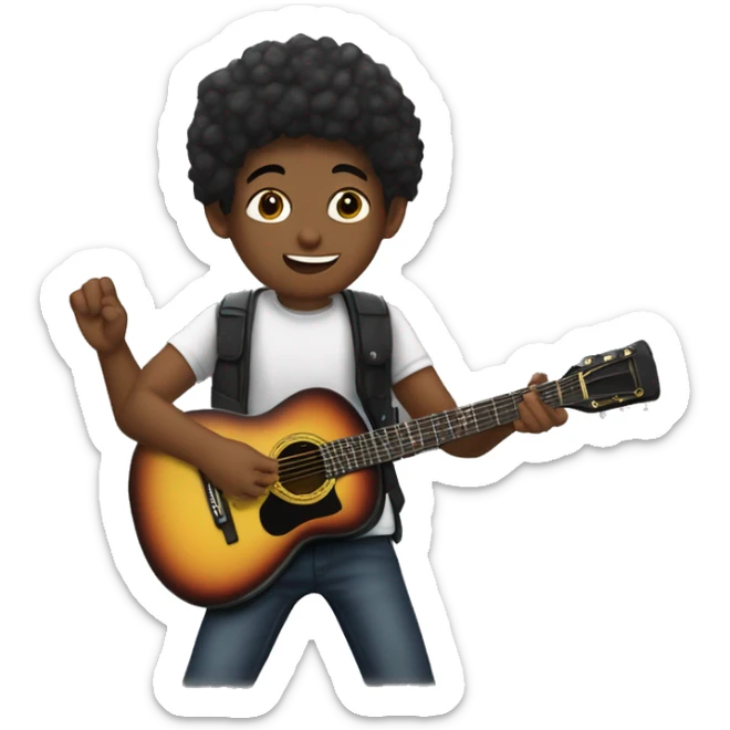 un joven músico en estudio casero. Está usando una camiseta negra sin mangas y mientras toca una guitarra eléctrica. Su expresión sugiere que está inmerso en la música, con los ojos cerrados y una expresión apasionada mientras toca. sticker