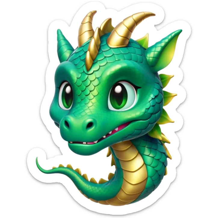 Cinematic Cute Dragon Portrait Emoji, Head tilted playfully and inquisitively, featuring a sleek, serpentine form adorned with iridescent scales that shift between emerald and gold, a delicate set of subtle horns, and round, sparkling eyes full of curious magic; rendered with realistic detail and warm natural light, high shine, affectionate and enchanting, styled with a touch of whimsical fantasy, soft glowing outline, capturing the essence of a mischievous yet lovable dragon that seems poised to slither playfully into your arms! sticker