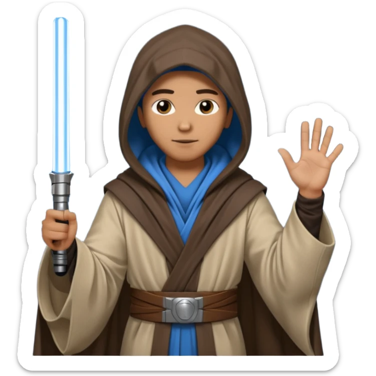 Jedi mind trick where a jedi is waving his hand hooded holding a lightsaber in the other hand sticker