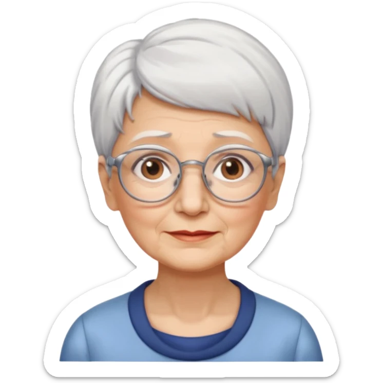 Create me emoji of an old lady. Short white hair to left side. Square glasses. Brown eyes. Rounded really big and long face. Wide nose sticker