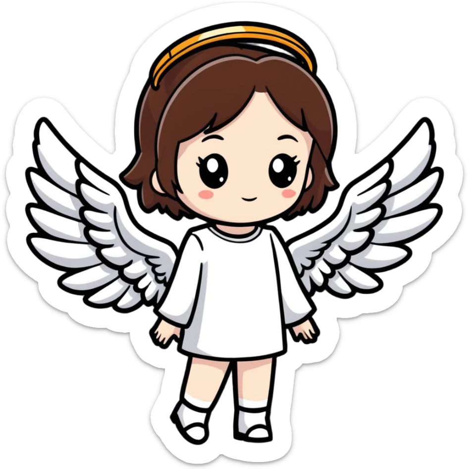 gothic girl with fair skin and short brown hair, angel wings and a halo, cute cartoon sticker style sticker