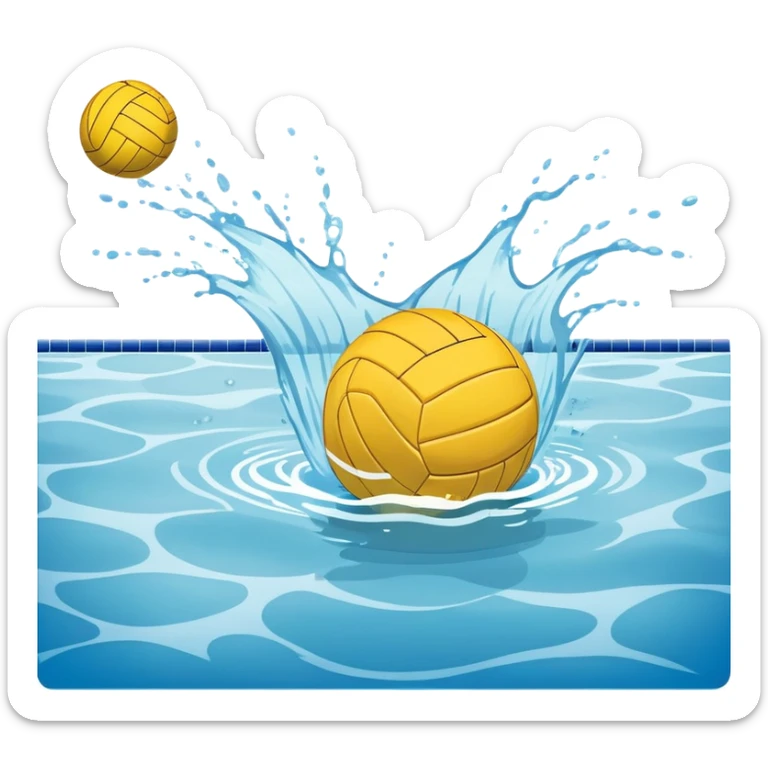 An icon featuring a yellow water polo ball floating on the water with goals in the background, inside a swimming pool. The design includes splashes and ripples, symbolizing the fast-paced action and strategy of water polo. Transparent background highlights. sticker