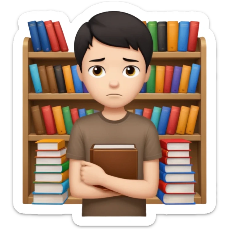 generate a pretty bratz fair skinned boy with short black hair wearing a brown tshirt surrounded by books n looking very sad sticker