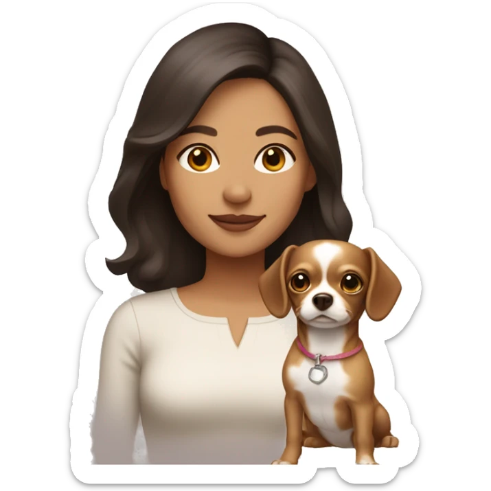 woman with shoulder length dark brown hair with a light brown chihuahua  sticker