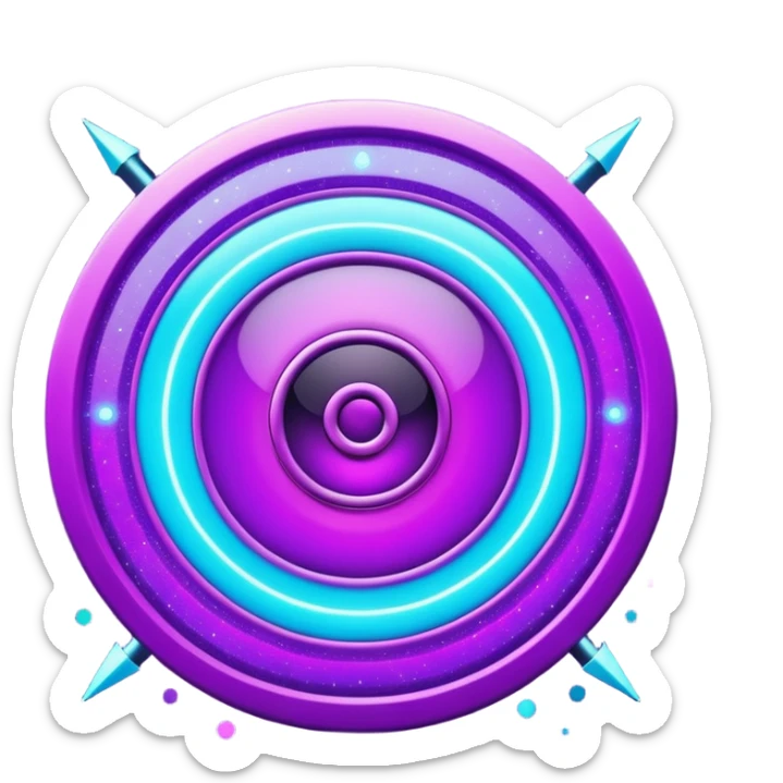 Futuristic glowing bullseye target emoji, neon purple and cyan holographic glow, dark background, digital tech style, abstract sparkles, no face. sticker