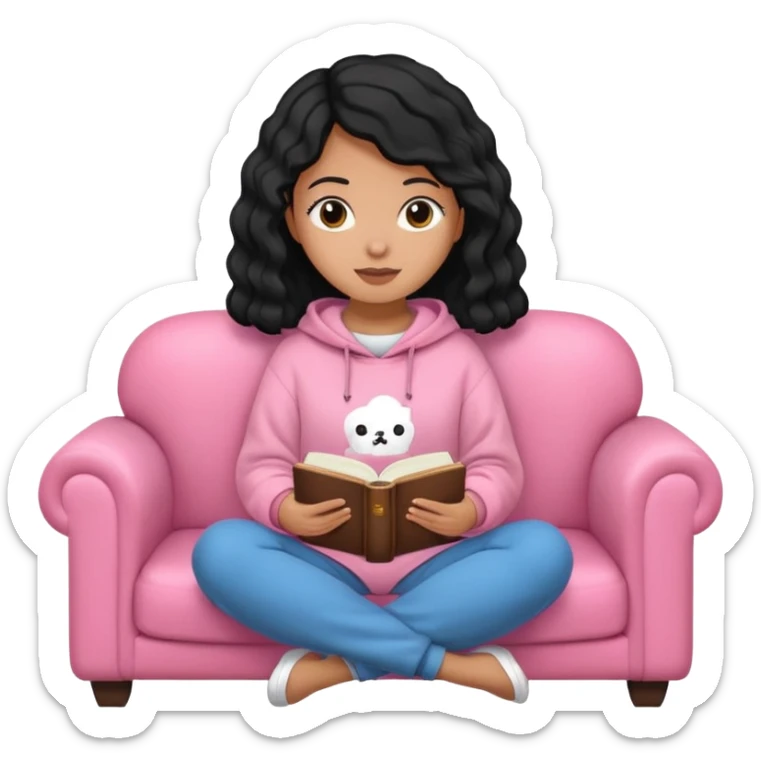 Una chica linda de cabello negro con ondas hasta los hombros de piel blanca con una sudadera rosa en un sofá cómodo y hermoso leyendo la biblia sticker