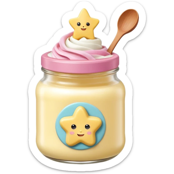 Una miniatura fotorrealista de una mantequilla corporal batida en un tarro, decorada con una pequeña figura sólida en forma de flor o estrella en la parte superior. Estilo: postre, arte, colores vibrantes. sticker