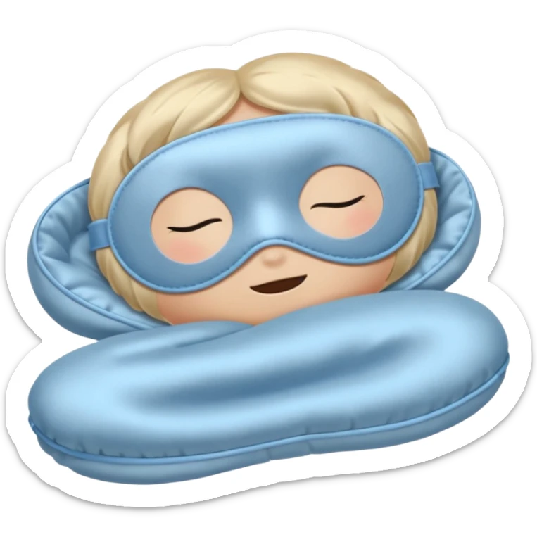 emoji of an isolated silky sleep mask, soft satin texture, stitched closed eyes embroidery, no real eyes, no face, no character features, light grey with pastel blue tint, cozy pajama feel, smooth rounded shape, soft shadows sticker