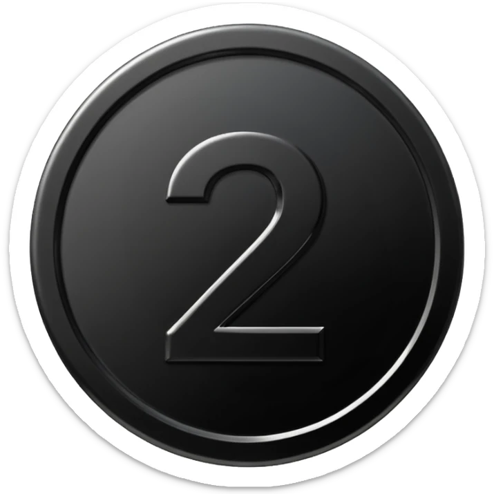 Emoji icon of a black coin with engraved number 2, minimalist style, isolated sticker