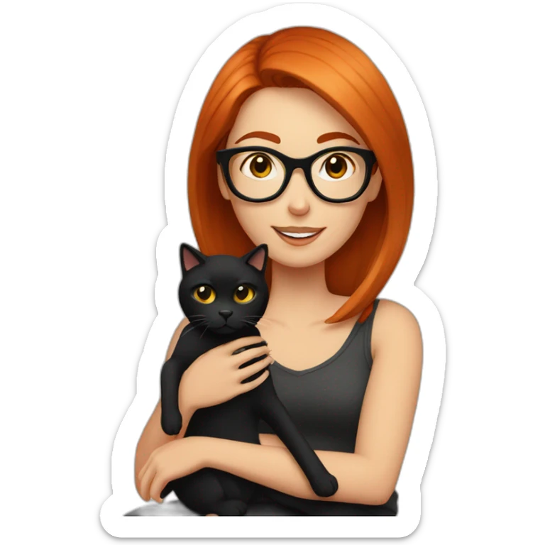 woman with straight red hair and black-rimmed glasses, with a black cat on her lap sticker
