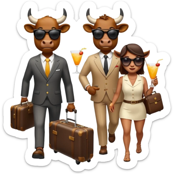 generate an emoji of a group of up to 8 male and female bulls travelling together on holidays. One bull has a suitcase, one has sunglasses, one is carrying a cocktail. They're all in motion, walking together. Make the characters look like bulls sticker