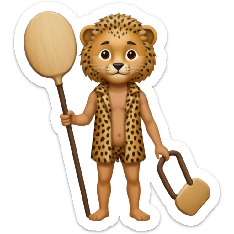 Give me a human who has hunch back and wearing cheetah print clothes  lot of hair on his body show full body and has a stick in his hand sticker
