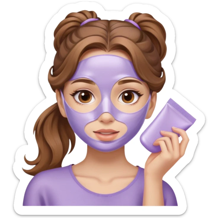 girl with wavy light brown hair in ponytail applying lilac skincare mask sticker