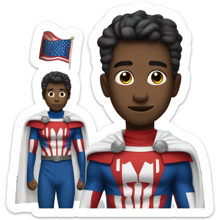 Emoji of Homelander from ‘The Boys’ series. USA flag-inspired costume with cape (red, blue, white). Confident, slightly menacing expression. sticker