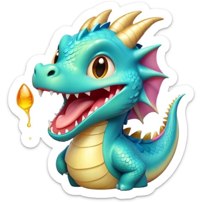 Cinematic Cute Yawning Dragon Portrait Emoji, Head tilted slightly with a dramatic, wide-open yawn, showcasing a soft, lustrous scaled body with gently drooping fins and half-closed, drowsy eyes, Simplified yet irresistibly adorable features, highly detailed, glowing with a soft, cozy mythical glow, high shine, relaxed yet expressive, stylized with a dash of fantastical charm, soft glowing outline, capturing the essence of a sleepy yet affectionate dragon that seems ready to stretch out and rest in its enchanted lair! sticker
