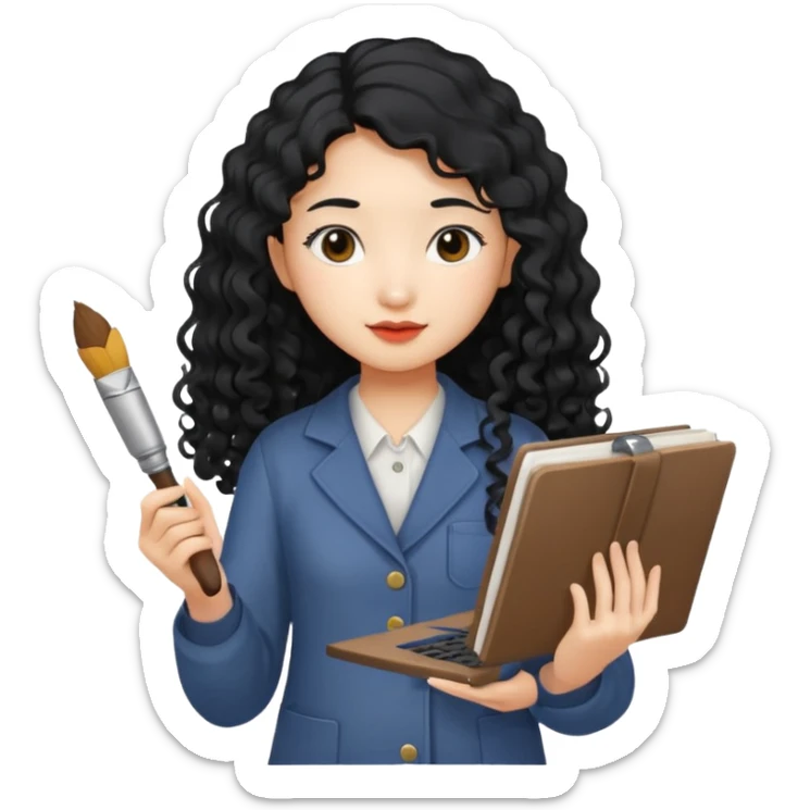 Asian girl with long curly hair holding a laptop, a paintbrush, a book, and a camera in her hands sticker