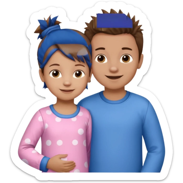 A smaller toddler girl with brown hair with her hair up, wearing pink pajamas and a bigger 4 year old boy with spikey brown hair, wearing blue pajamas. Both light skin and smiling.  sticker
