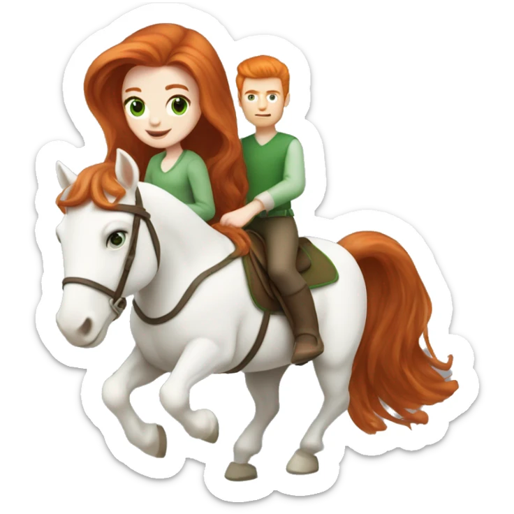 Redhead (ginger) girl, long blowout hair, green eyes and pale skin riding a white horse sticker
