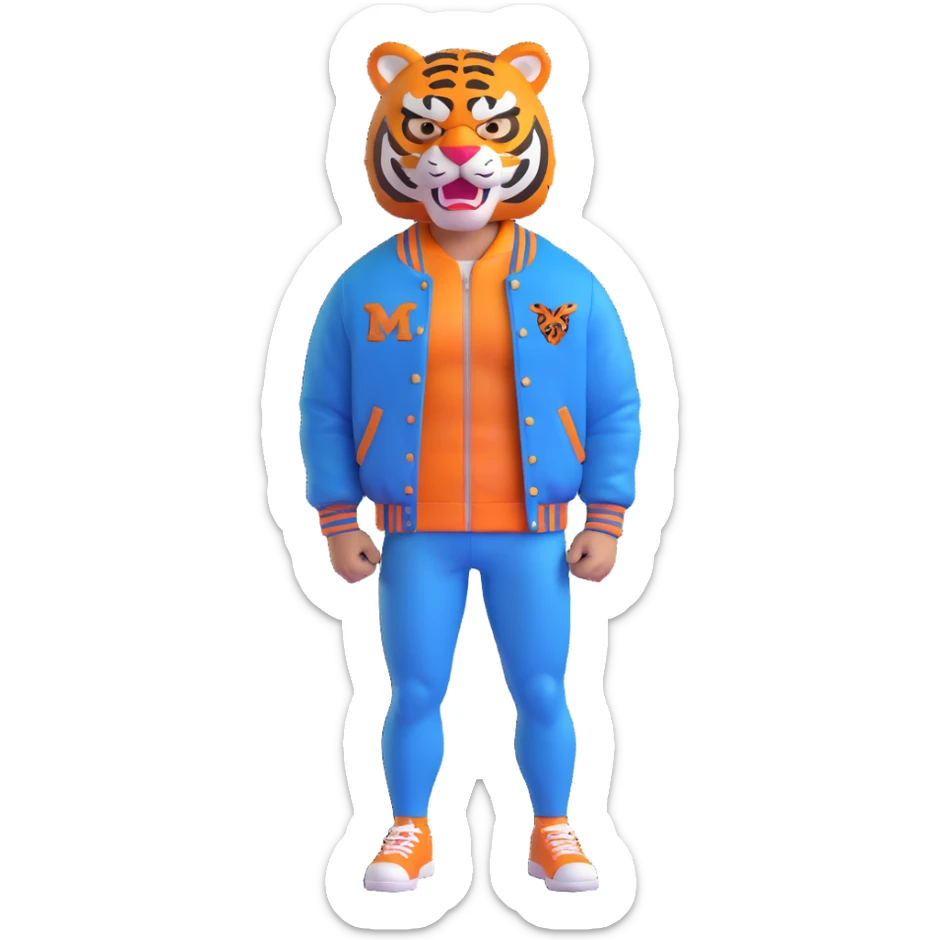 Tony from Hotline Miami, muscular man in varsity jacket with tiger mask, 3D emoji style sticker